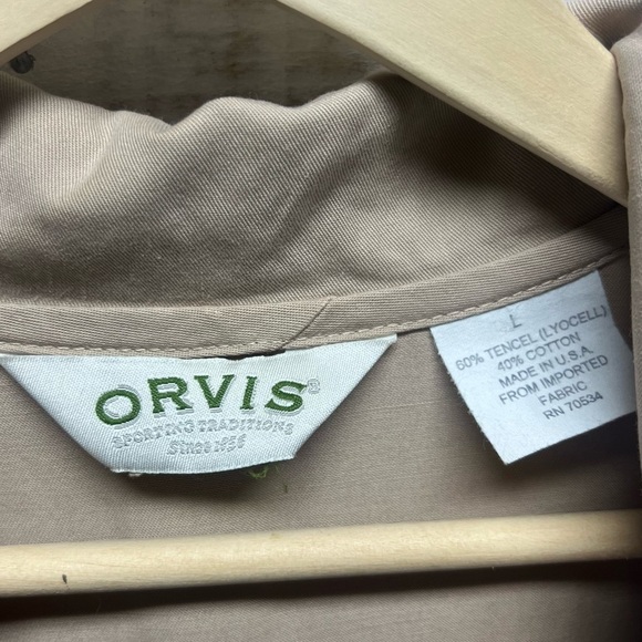 Orvis Shirt Dress Large Beige Long Sleeve Midi Half Button Pintuck Pockets USA - Picture 6 of 10